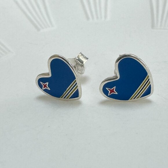 Aruba Flag Heart Earrings S925 Sterling Silver Stud Earrings Handmade - Picture 2 of 3